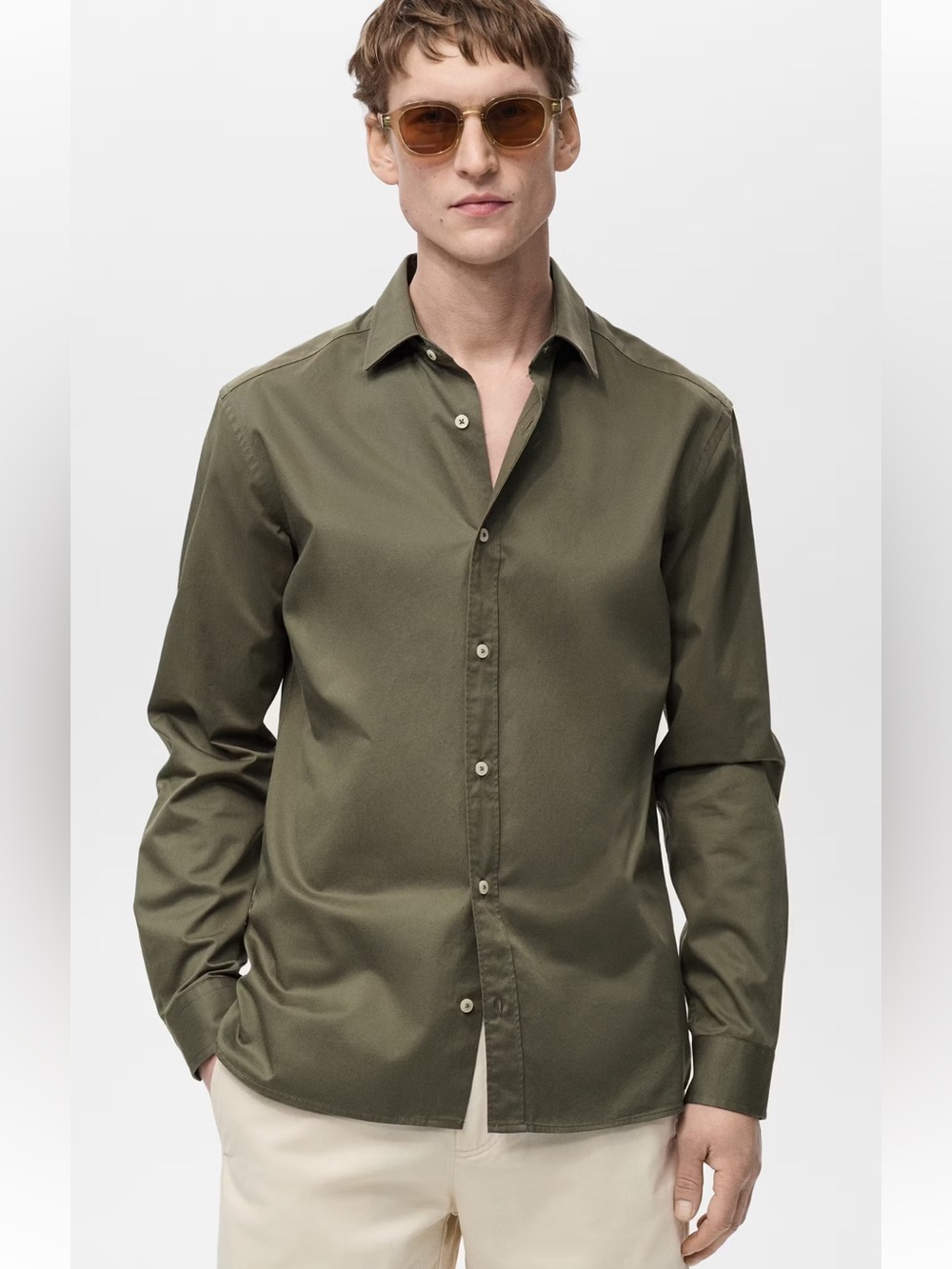 Mango Men's Olive Green Stretch Button-Up Shirt